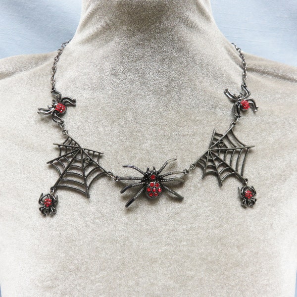 Rhinestone and Black Metal Spider Web Necklace, Cool Gothic Look