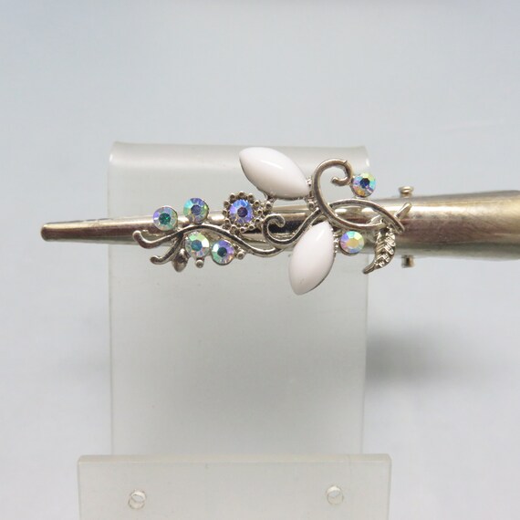 Vintage White and Rhinestone Hair Clip, Silvertone Metal - Etsy display picture 3