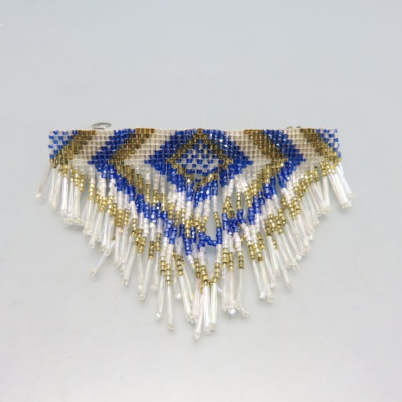 Native American back barrette seed bead white and blue either yellow size 8 Vintage Native American Blue and White Seed Bead Barrettes  main image 3