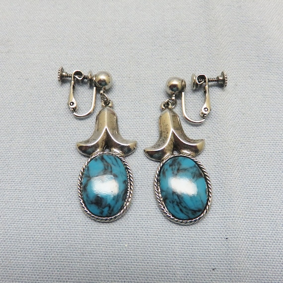 Turquoise Dangle Clip On Earrings, Silvertone Met… - image 1
