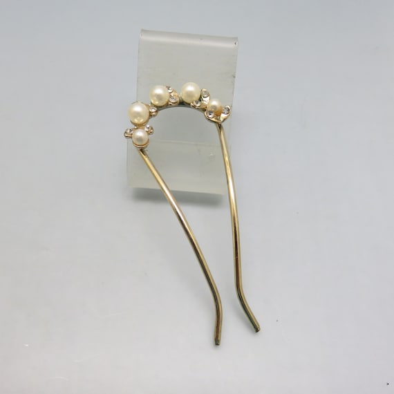 Vintage Faux Pearl Topped Goldtone Metal Hair Fork - image 1