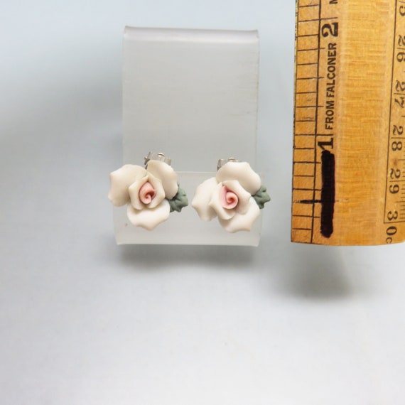 Bisque Porcelain White and Pink Rose Clip On Earr… - image 3