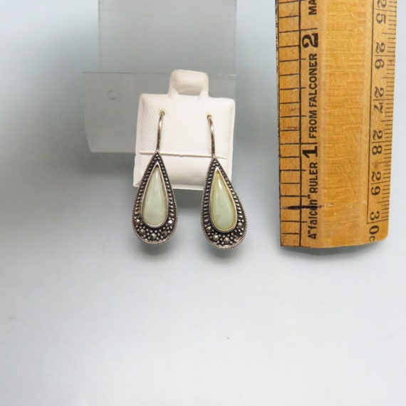 Sterling, Marcasite and Jade Pierced Earrings, El… - image 2