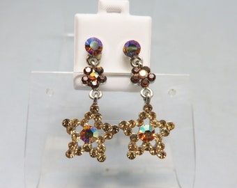 Vintage Rhinestone Star Dangle Earrings: Aurora Borealis Gold