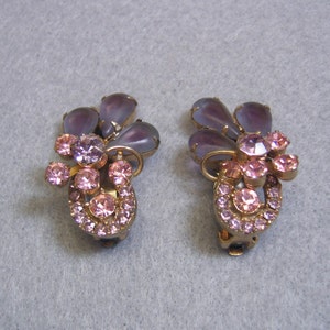 Vintage Rhinestone Clip On Earrings: Pink & Purple Floral Design