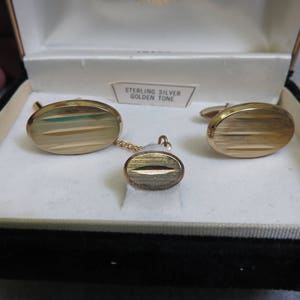 1960s Swank Grand Prix Cufflink Set: Gold Over Sterling Tie Tack