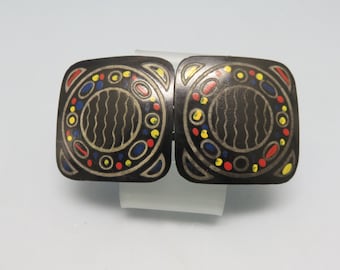 1970s Black Celluloid Dress Buckle: Hand Painted Vintage Belt Clasp