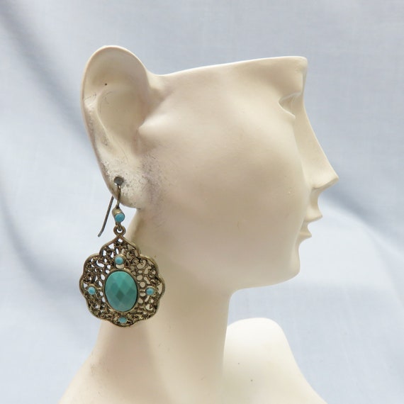 Turquoise Gem Pierced Earrings, Vintage, 1928 Jewelry Company, Wedding or  Prom, Filigree