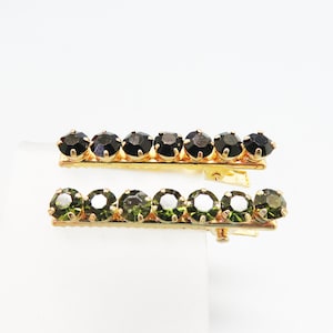 Duo of Vintage Rhinestones Hair Barrettes, Dark Jewel Tones, MINT, Green and Blue
