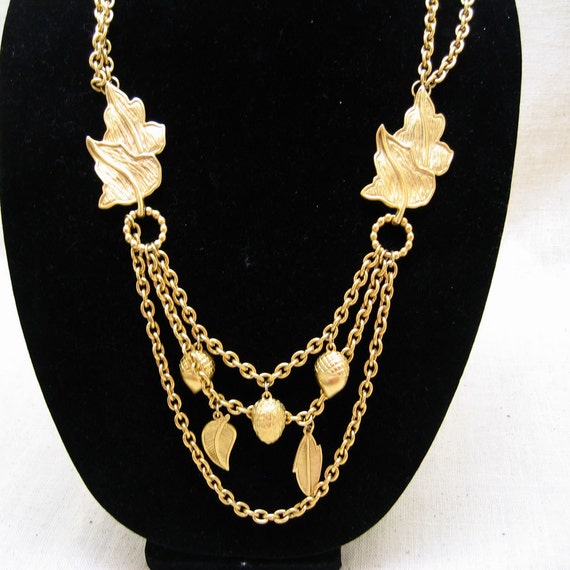 Sexy 1980s Gold Chain Acorns and Leaves Bib Neckl… - image 1