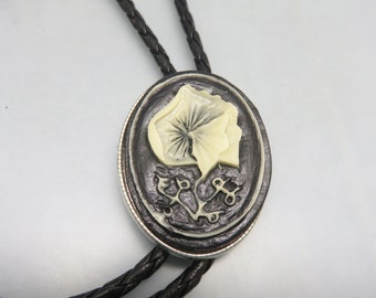 Vintage Resin Floral Cameo Bolo Tie,  Handmade, Black and Beige Nasturnian  Cameo