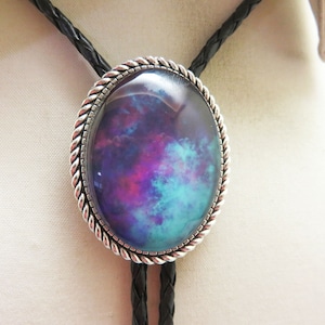 Modern Aqua Blue and Purple Glass Bolo Tie, Looks Like Watered Silk Pattern