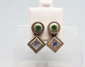 Vintage Silver Plated Green Blue Rhinestone Pierced Earrings, Modern Drop Earrings, Premier Designs