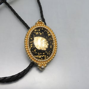 Very Cool Resin and Gold Flake Vintage Bolo Tie, Black and Gold Chief&#39;s Head