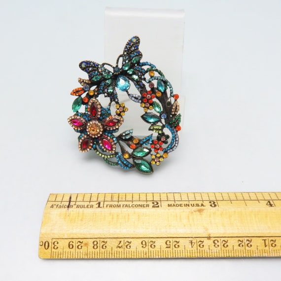 HUGE Vintage Rhinestone Butterfly Wreath Brooch, … - image 3