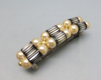 Vintage Faux Pearl Barrette: Black & Silver Bead Hair Clip  display picture 3