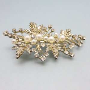 Vintage Rhinestone and White Faux Pearl Hair Barrette Clip, Silverplated Metal