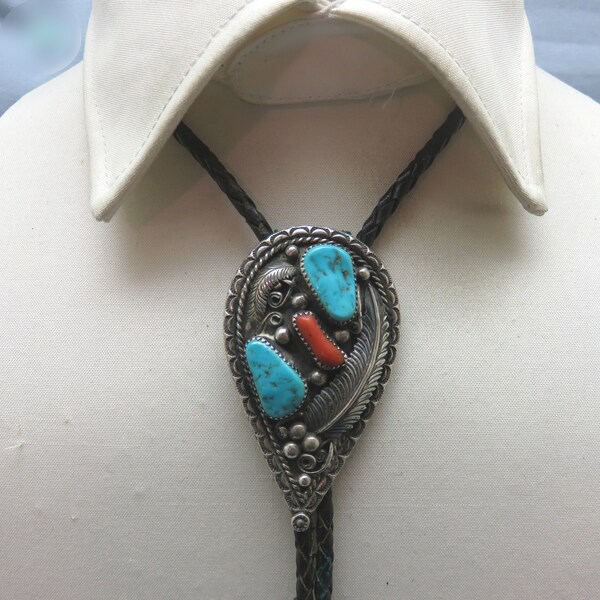 Navajo Sterling, Turquoise and Coral Vintage Bolo Tie, Signed
