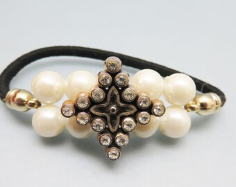 Vintage  Rhinestone and Faux Pearl  Ponytail Holder, Black Elastic Band