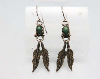 Sterling Silver Native American Feather Design Pierced Earrings, Vintage with Malachite Stones