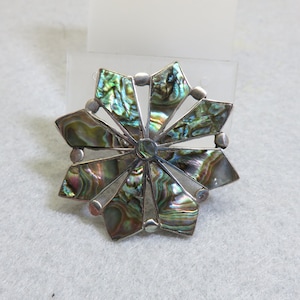 1970s Mexican Sterling Silver Signed Abalone Shell Brooch