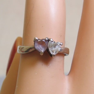 Amethyst and Silver Topaz Ring, Heart Shaped Stones, Size 6.75