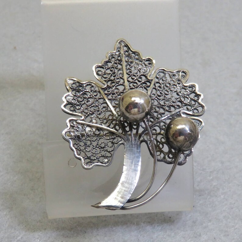 Large Wirework Brooch Vintage Sterling Silver Wirework Leaf and Berry Brooch