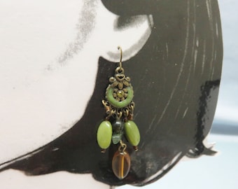 Vintage Greens and Gold Beaded  Pierced Earrings