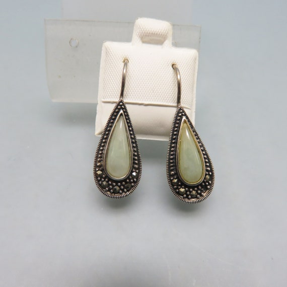 Sterling, Marcasite and Jade Pierced Earrings, El… - image 1