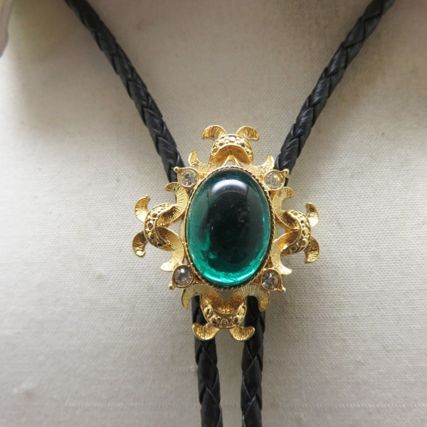 Victorian Style Bolo Tie, Emerald Green Rhinestone, Rockin' JK Designs