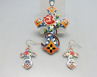 Enameled Cross Pendant and Earring Set, Colorful Enameled Cross and Pierced Earrings