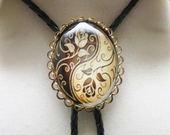 Vintage Glass Floral Bolo Tie,  Handmade, Brown and Beige in Gold