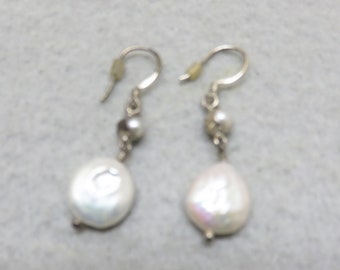 White Coin Pearl Pierced Earrings, Sterling Pierced Earrings, Vintage Wedding Earrings