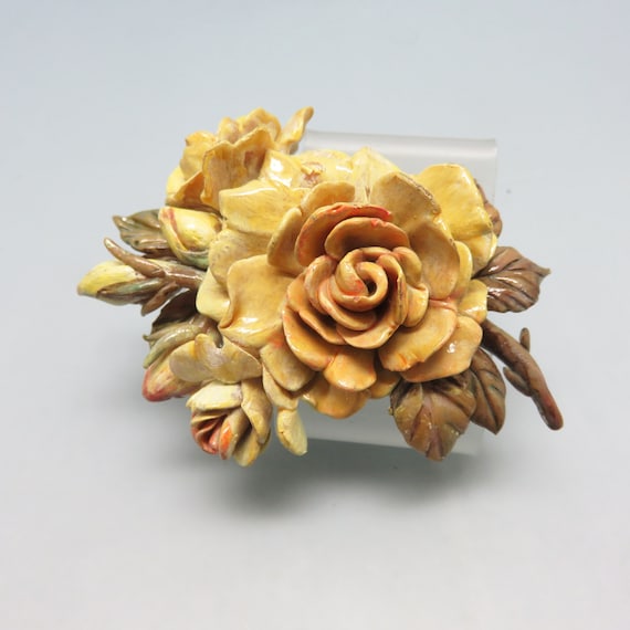 Vintage 1960s Rose Corsage Brooch: Neutral Colors Floral Pin