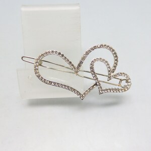 Vintage Rhinestone Double Heart Hair Barrette, Sparkly Hair Accessory, Smaller Size