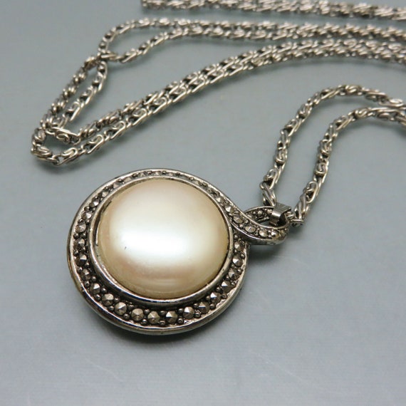 Faux Pearl and Marcasite Reversible Necklace, Vin… - image 1