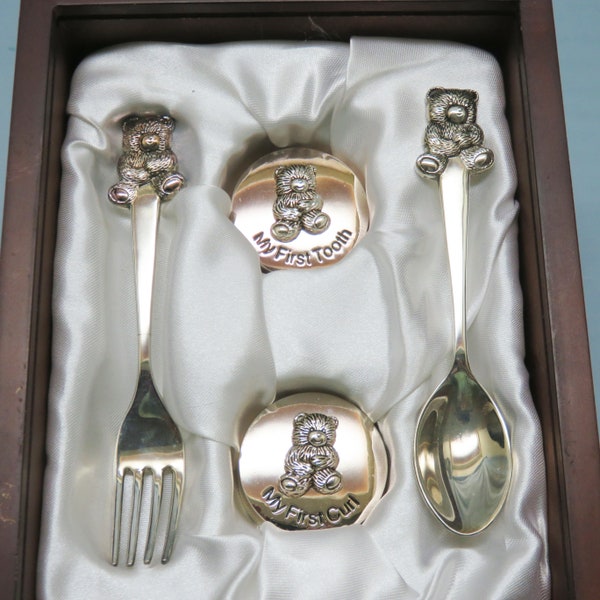 Vintage Silverplated Teddy Bear Child's Fork, Spoon, 2 Keepsake Boxes, Tooth, Hair, Wooden Box