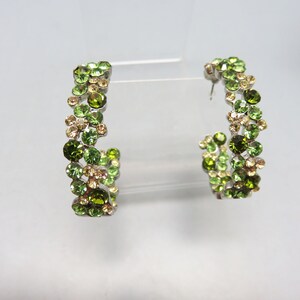 Vintage Rhinestone Hoop Earrings: Silvertone Green Crystal Pierced Earrings