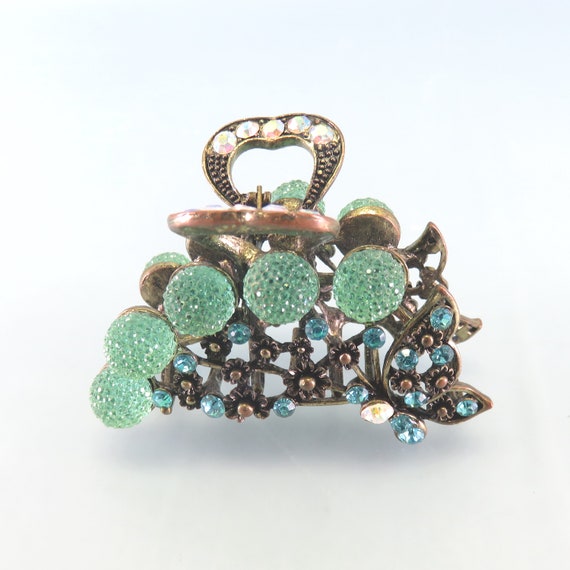 Vintage Rhinestone Hair Clip , Antique Goldtone Metal, Green  display picture 2