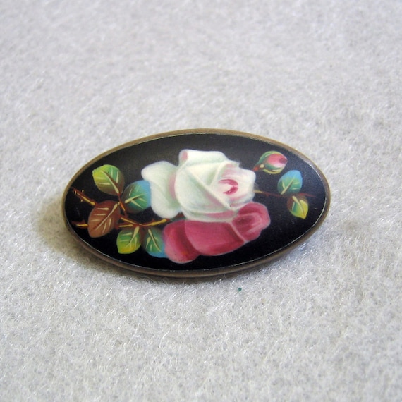 Vintage European Silver Porcelain Rose Brooch