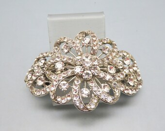 Vintage Floral Rhinestone Hair Barrette: Silvertone Metal