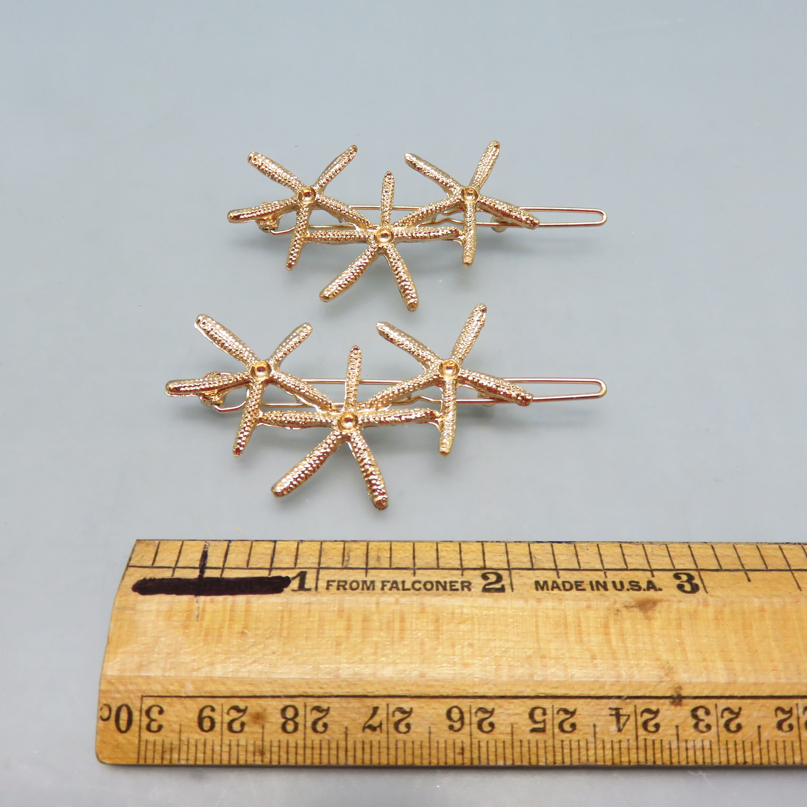 Pair Golden Starfish Hair Barrettes, Vintage Hair Accessory 