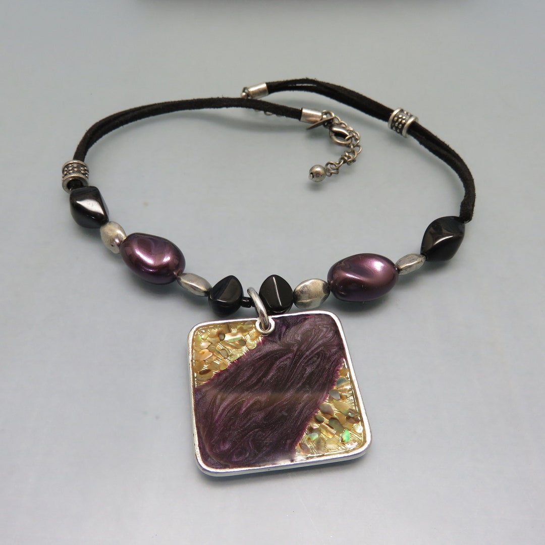 Vintage Laura Ashley Necklace: Silver Resin Pendant, Purple Beads