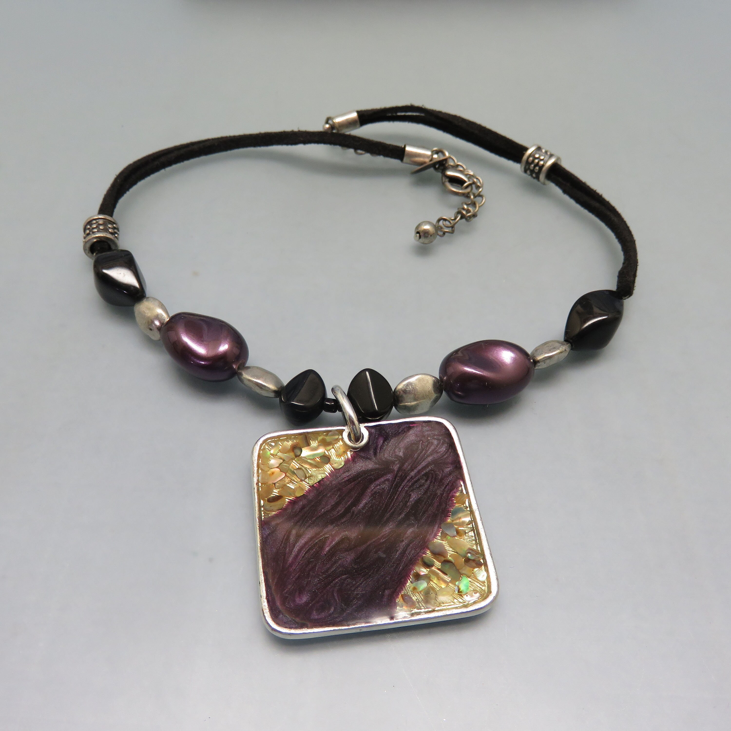 Vintage Laura Ashley Necklace: Silver Resin Pendant, Purple Beads