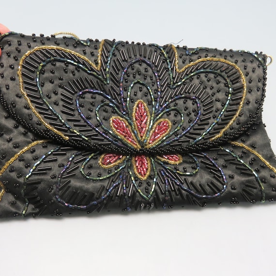 Vintage Black, Cranberry and Gold Beaded Purse, B… - image 2