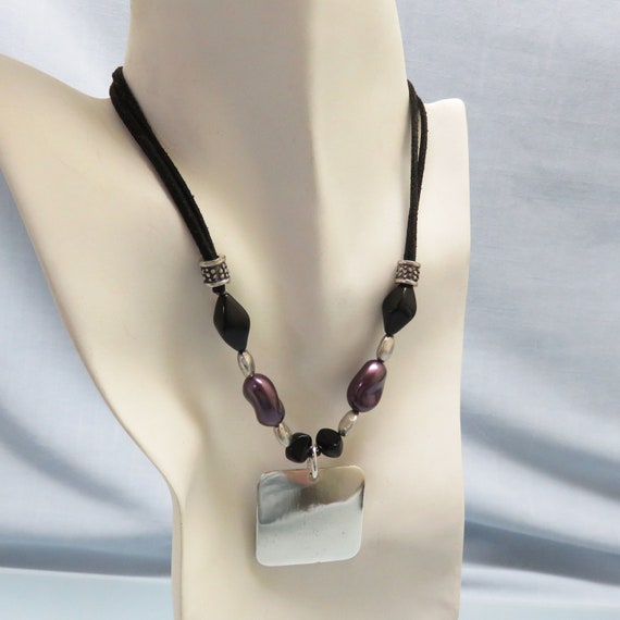 LAURA ASHLEY ペンダント Vintage Laura Ashley Necklace: Silver Resin Pendant, Purple Beads