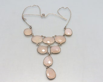 Faceted Rose Quartz Y Necklace, Silver Plated Setting and Chain