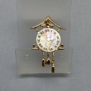 Vintage Cuckoo Clock Brooch: Goldtone & Mother of Pearl Pin