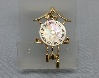 Vintage Cuckoo Clock Brooch: Goldtone & Mother of Pearl Pin