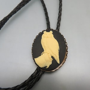 Vintage Black and Beige  Owl Cameo Bolo Tie, Great Horned Owl Gothic Bolo